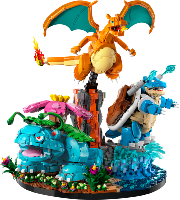 The LEGO Pokémon Venusaur, Charizard and Blastoise set glowing on a pedestal inside a haunted vault, with friendly ghosts peeking in